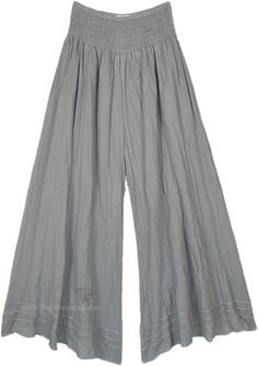 A pair of palazzo pants in light grey for summer or spring made of comfortable organic cotton fabric.  The bottom of the pants is very wide, which gives it a flow as you walk. #tlb #SplitSkirtsPants #Misses #vacationclothing #beachwrap #Solid #WideLegCottonPants Gray Wide Leg Cotton Harem Pants, Gray Wide Leg Harem Pants For Summer, Gray Wide Leg Pants For Summer, Summer Cotton Bottoms With Wide Hem, Gray Wide Leg Harem Pants For Spring, Gray Bohemian Bottoms For Spring, Gray Bohemian Spring Bottoms, Gray Long Skirt For Summer, Gray Cotton Wide Leg Full-length Pants