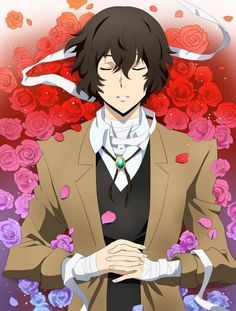 an anime character standing in front of roses with his arms crossed and looking at the camera