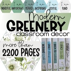 the modern greenery classroom decor is made from 200 pages, and includes four books