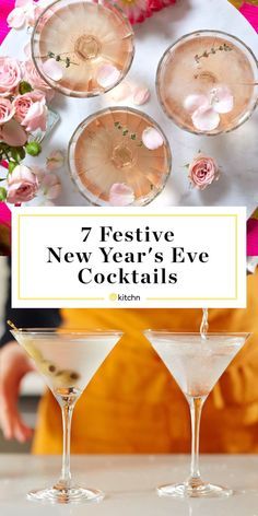 three martini glasses with pink flowers in them and the words 7 festive new year's eve cocktails