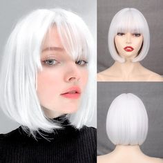 PRICES MAY VARY. Premium Wig Material: White bob wig is made of the best and most realistic synthetic heat-resistant fibers. Best white cosplay wig bob, natural and soft，no harm to skin and no smell. White bob wig with bangs make you more charming and sexy, it's a perfect hairstyle.Natural bob wig can be worn for a long time if you care regularly. Elegant white wig design makes you more beautiful and confident. Wig Style: Short white wig the most natural and realistic design. Short silver white White Bob Wig, White Bob, White Wig, Bangs Straight, Natural Wigs, Bob With Bangs, Red Wigs, White Blonde, Brown Wig