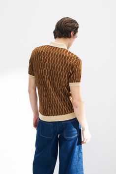 Textured Pattern Merino Wool Polo – King & Tuckfield Brown Textured Knit Merino Wool Sweater, Jacquard Knit Merino Wool Top For Fall, Fall Jacquard Knit Merino Wool Top, Fall Merino Wool Jacquard Knit Top, Classic Brown Collared Sweater, Classic Collared Brown Sweater, Fitted Wool Sweater With Jacquard Knit, Fitted Wool Jacquard Knit Sweater, Brown Wool Knitted Tops