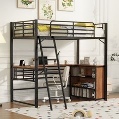 a bunk bed with a desk underneath it in a room that has hardwood floors and white walls