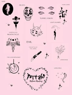 a bunch of tattoos on a pink background