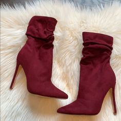 Brand New - Never Worn Size 7.5 Heel Height- 4.5” Trendy Fitted Purple Heels, Casual Ankle-high Burgundy Boots, Burgundy Ankle-high Winter Boots, Purple Ankle-high Heels, Fitted Ankle-high Purple Boots, Fitted Purple Ankle-high Boots, Red Suede Ankle-high Heels, Burgundy Ankle-high Medium Width Boots, Red Ankle-high Heeled Boots Medium Width