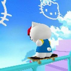 hello kitty riding a skateboard on a rail in front of a blue sky with white clouds