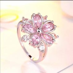 Simulated Sapphire Princess Engagement Rings, Cherry Blossom Ring, قلادات متدلية, Pink Wedding Rings, Gaun Fashion, Princess Ring, Bride Jewelry, Celtic Knots, Seni 3d