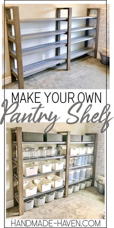 two pictures with the words make your own pantry shelves in white and gray, on top of