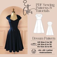 a dress pattern with the words dream patterns on it and an image of a mannequin