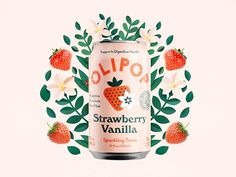 a can of strawberry vanilla flavored drink with leaves and flowers around it on a pink background