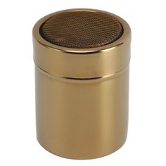 a gold colored metal container with a mesh lid