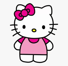 a hello kitty with a pink shirt and bow on it's head, standing in front of a white background