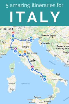 a map with the words 5 amazing itineries for italy