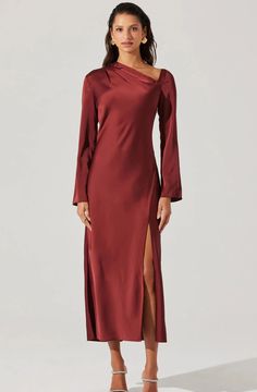 Festive Mulberry satin dress with asymetrical neckline long sleeves 100% Polyester imported Solid Color Long Sleeve Satin Midi Dress, Asymmetrical Neckline Satin Maxi Dress, Feminine Long Sleeve Satin Midi Dress, Long Sleeve Satin Midi Dress With Draped Sleeves, Mulberry Silk Dress, Christening Blanket, Baby Boy Tops, Girl Christening, One Piece Outfit