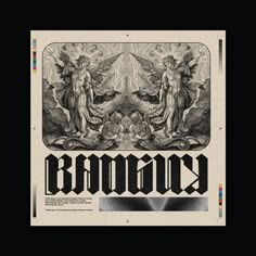 an old poster with the word bavogy in black and white, surrounded by angels