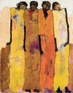 an abstract painting of four women in orange and yellow dresses, with one woman standing between them