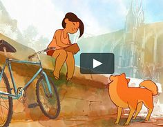 an animated image of a person sitting on a ledge next to a dog and a bicycle