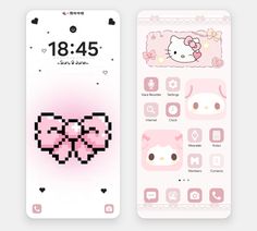 the hello kitty theme is displayed on two iphones, one pink and one white