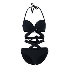 a women's black bikinisuit with ties on the front and side, featuring an open