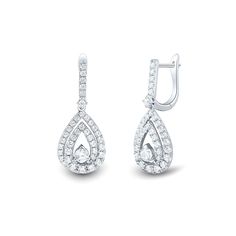 14K white gold pear shaped dangle earrings with 78 round brilliant cut lab grown diamonds weighing approximately 1 1/2 ct. tw. Charles And Colvard Moissanite, Helzberg Diamonds, Traditional Diamond, Diamond Dangle Earrings, Tiny Diamond, Women Diamond, Earring Backs, Pear Shaped, Round Brilliant