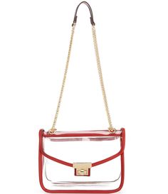 From Landry&#x2C; the Clear Lock Crossbody Bag features: PU/PVC/ManmadeTurn-lock closureLight gold hardware finishApprox. 9" x 3" x 7" bag; 23" adjustable crossbody strap Imported. Trendy Red Bags With Clear Strap, Red Rectangular Bag With Clear Strap, Red Bags With Clear Strap For Everyday Use, Red Bag, Clear Bags, Dillard's, Kate Spade Crossbody, Crossbody Strap, Cross Body Handbags