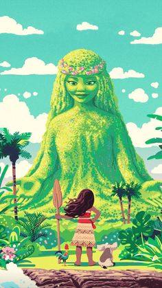 a painting of a woman standing in front of a giant green creature with long hair