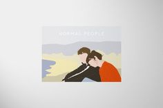 two people hugging each other in front of a white wall with the words normal people on it