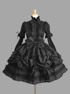 Black Standing Collar Bowknot Gothic Lolita Long Sleeve Dress Puff Long Sleeves, Gothic Dress, Lace Ruffle, One Piece Dress, Lolita Dress, Gothic Lolita, Lolita Fashion, Catsuit, Cotton Lace