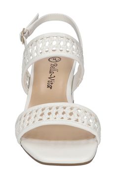 Beautiful open-weave straps arch over the top of a modern sandal completed by a chic square toe. 2 1/4" heel Adjustable slingback strap with buckle closure Synthetic upper, lining and sole Imported Elegant Summer Sandals With Braided Straps, Elegant Braided Strap Sandals For Summer, Elegant Slingback Sandals For The Beach, Elegant Wedge Sandals With Buckle Closure For Spring, White Slingback Pumps With Buckle Closure For Summer, Elegant Spring Wedge Sandals With Buckle Closure, Chic Heels With Braided Ankle Straps, Elegant Strappy Wedge Sandals For Summer, Elegant Heels With Braided Straps For Spring