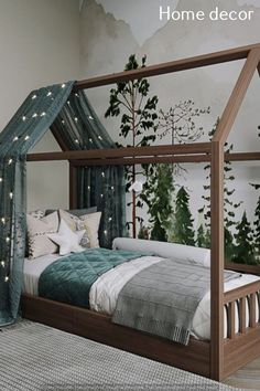 a bedroom with a canopy bed and green curtains on the window sill, next to a white dresser