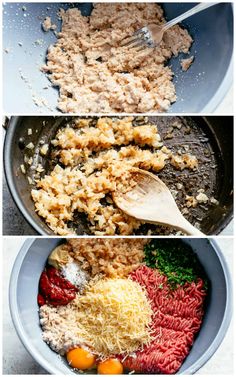 the steps to make this pasta dish are shown in three different pictures, including meat and cheese