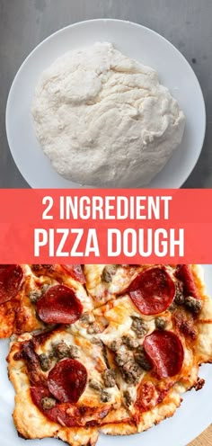 two different types of pizza on plates with the words 2 ingredient pizza dough over them