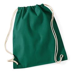 a green drawsack bag with white stringing on the front and side pockets, isolated against a white background