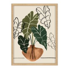 a plant with green leaves in a brown vase on a white background, framed art print