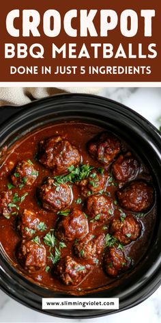 crockpot bbq meatballs in a slow cooker with text overlay