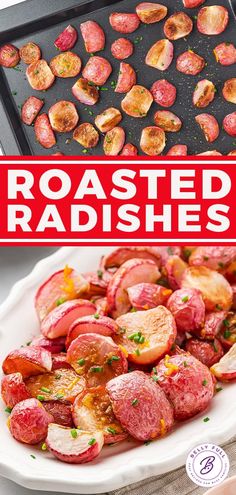 roasted radishes on a white plate with text overlay