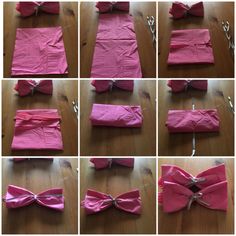 the steps to make a bow tie out of pink tissue paper on a wooden table