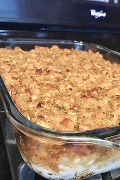 a casserole dish is sitting on the stove