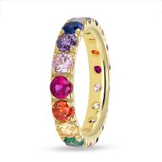 LGBTQ Eternity Ring This ring is for everyone and certainly stands out to symbolize the LGBTQ community. The stunning eternity band comes together with the use of vibrant multicolor stones, finished in a high polish. Can be worn as a wedding band, or just to make a statement, you pick! Perfect piece of jewelry to add to your collection. Multicolor CZ Available in 14k & 10k Gold. Number of stones varies depending on size. Made with love in LA Complimentary gift wrapping provided Stone Information Multicolor Halo Rings Fine Jewelry, Multicolor Halo Setting Rings For Anniversary, Multicolor Rings With Halo Setting For Anniversary, Multicolor Stackable Rings For Anniversary, Multicolor Stackable Round Band Rings For Anniversary, Trendy Bracelets, Mother Rings, Gold Number, Bling Rings