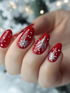 Red Nails Designs Christmas, Nail Inspiration For Christmas, Trending Christmas Nails 2024, Red Gel Christmas Nails, Red Nail Designs For Christmas, Red And Silver Holiday Nails, Red Shine Nails, Christmas Nails 2025, White Red Christmas Nails