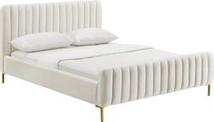 a bed with white sheets and pillows on it's headboard, in front of a white background