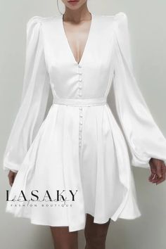 Lasaky - Elegant Satin V-Neck Slim Fit Dress featuring Stylish Lantern Sleeves Summer Wedding V-neck Long Sleeve Dress, White Dress Classy Elegant Short, White Dress Classy Formal, White Dress Short Formal, White Dress Classy, White Engagement Dresses, Sukienki Maksi, Confirmation Dresses, Civil Wedding Dresses