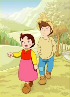 a boy and girl are walking in the woods with mountains in the backgrouds