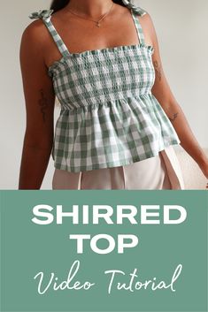 a woman wearing a green and white checkered top with text overlay that reads, shred top video tutor