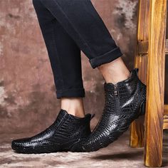 Introducing our exquisite Luxury British Alligator Leather Slip-On Ankle Boots, crafted with the finest genuine cow leather and designed with a sleek ankle height and classic round toe shape. These boots prioritize both style and comfort, with an EVA insole for cushioning and support, a rubber outsole for excellent traction, and a lining material made of short plush for a cozy feel. Elevate your style and make a statement with these timeless boots - order now and experience the perfect blend of luxury and comfort. Business Boots With Crocodile Pattern And Round Toe, Leather Ankle Boots With Crocodile Pattern, Formal Crocodile Pattern Boots With Round Toe, Formal Crocodile Pattern Round Toe Boots, Winter Leather Boots With Crocodile Pattern, Elegant Boots With Crocodile Pattern And Round Toe, Elegant Crocodile Pattern Boots With Round Toe, Casual Leather Boots With Crocodile Pattern, Boots Business Casual