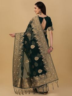 Green and gold-toned sareeFloral motif woven design saree with woven design borderHas zari detailThe saree comes with an unstitched blouse pieceThe blouse worn by the model might be for modelling purpose only. Check the image of the blouse piece to understand how the actual blouse piece looks like.