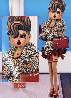 a woman dressed in leopard print and holding a red purse with her face painted to look like a doll