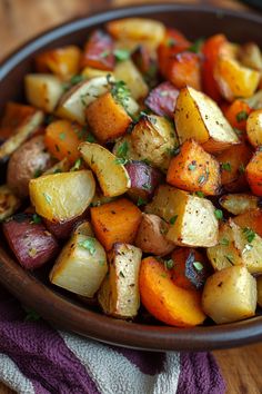 Roasted vegetables seasoned with herbs in a bowl. Balsamic Glazed Roasted Vegetables, Oven Roasted Fall Vegetables, Root Veggies Roasted, Holiday Roasted Vegetables, Best Roasted Veggies, Roasted Green Vegetables, Roasted Fall Veggies, Christmas Vegetables, Roasted Winter Vegetables