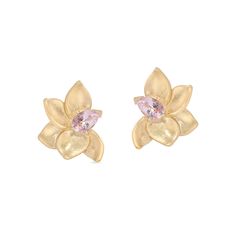 The inspiration for these alluring earrings was found in the serene movement of Magnolia flowers in a breeze. A pale pink sapphire petal anchors each rippling flower. Magnolias represent perseverance and feminine energy. 18k yellow gold, textured satin finish Pale Pink Sapphires, (1 ctw). Approximately 16mm tall and 13 Feminine Petal-shaped Gold Jewelry, Feminine Gold Petal Earrings, Feminine Gold Petal Jewelry, Magnolia Flowers, Magnolia Flower, Color Ring, Feminine Energy, Pendant Bracelet, Anchors