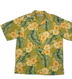 Tommy Bahama 100% Silk Men's M Short Sleeve Hawaiian Shirts in Olive, Green, yellow, Gold with  Palm Trees & Flowers Measurements: Approximately laying flat 21" shoulder to shoulder 24" pit to pit 30 1/2" base of collar to hem from center back 11 1/4" sleeve length Machine wash cold It's in great condition. Classic Relaxed Fit Hawaiian Cotton Shirt, Classic Relaxed Fit Cotton Hawaiian Shirt, Palm Tree Flowers, Hawaiian Shirts, Tommy Bahama, Green Yellow, Hawaiian Shirt, Palm Trees, Olive Green